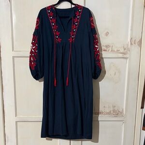 Zara Embroidered Navy and Red Boho Dress